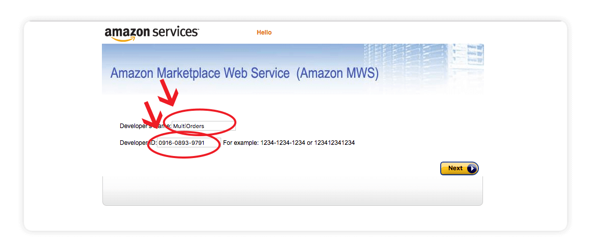 Amazon MWS developers id developers name integration screen shot - amazon integration guide