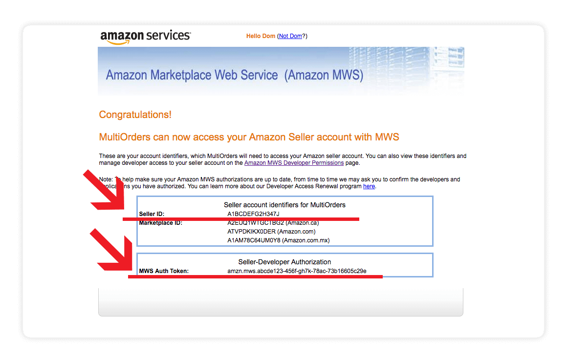 Amazon MWS account identifiers integration screen shot - amazon integration guide