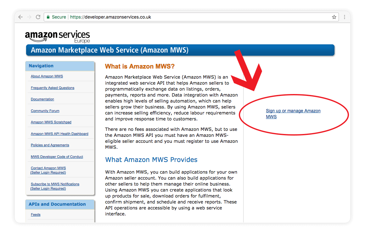 Amazon MWS Sign up or manage amazon mws screen shot - amazon integration guide