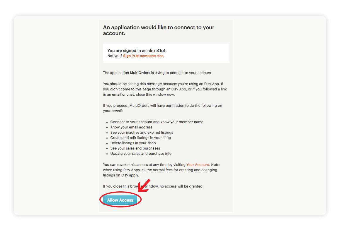 Etsy an application would like to connect to your account allow access Multiorders integrations guide