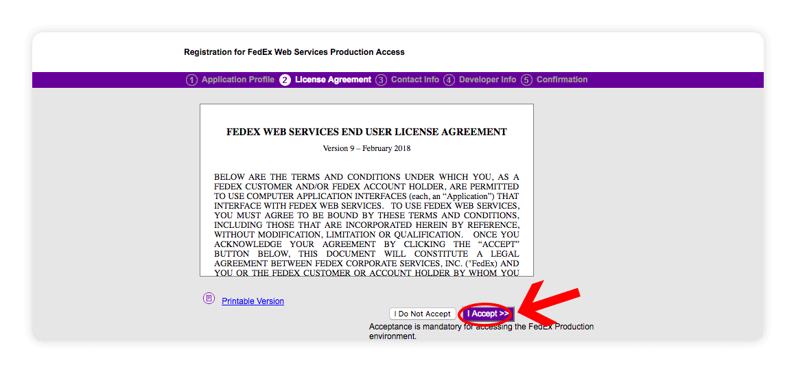Fedex Web Services License Agreement - I accept - multiorders integrations guide