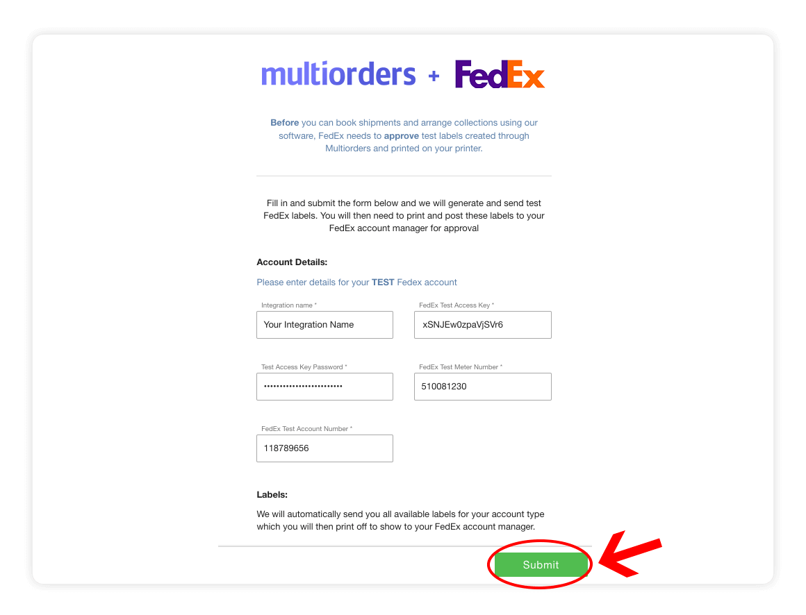 Fedex integration page - test credentials - multiorders integrations guide