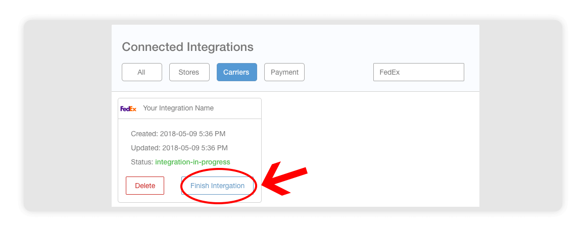 Fedex integration page - finish integration - multiorders integrations guide