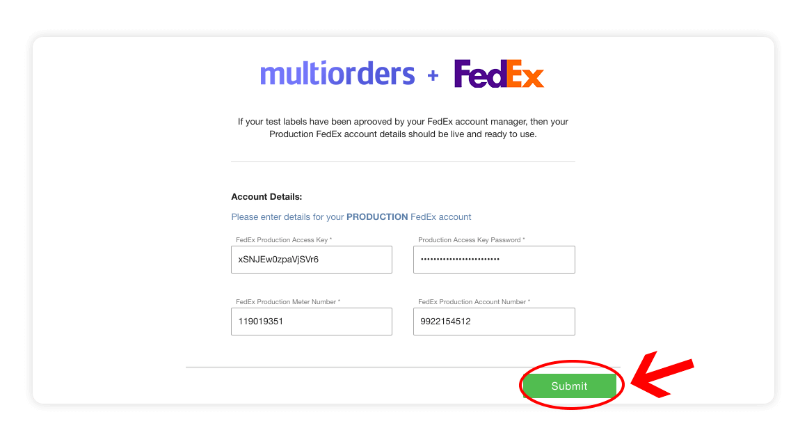 Fedex integration page - enter production account details - multiorders integrations guide