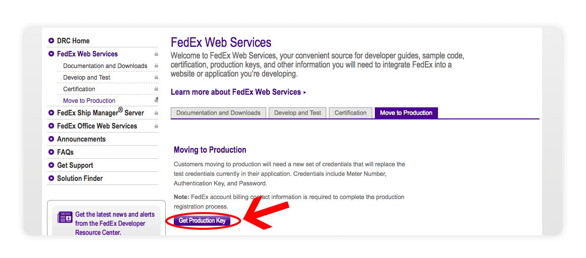 Fedex Web Services Get Production Key - multiorders integrations guide