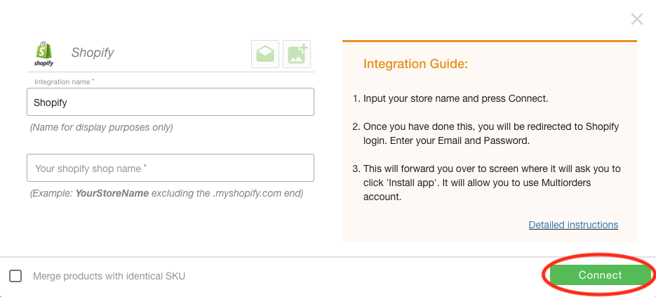 Click Connect On Shopify Integration Screenshot Multiorders